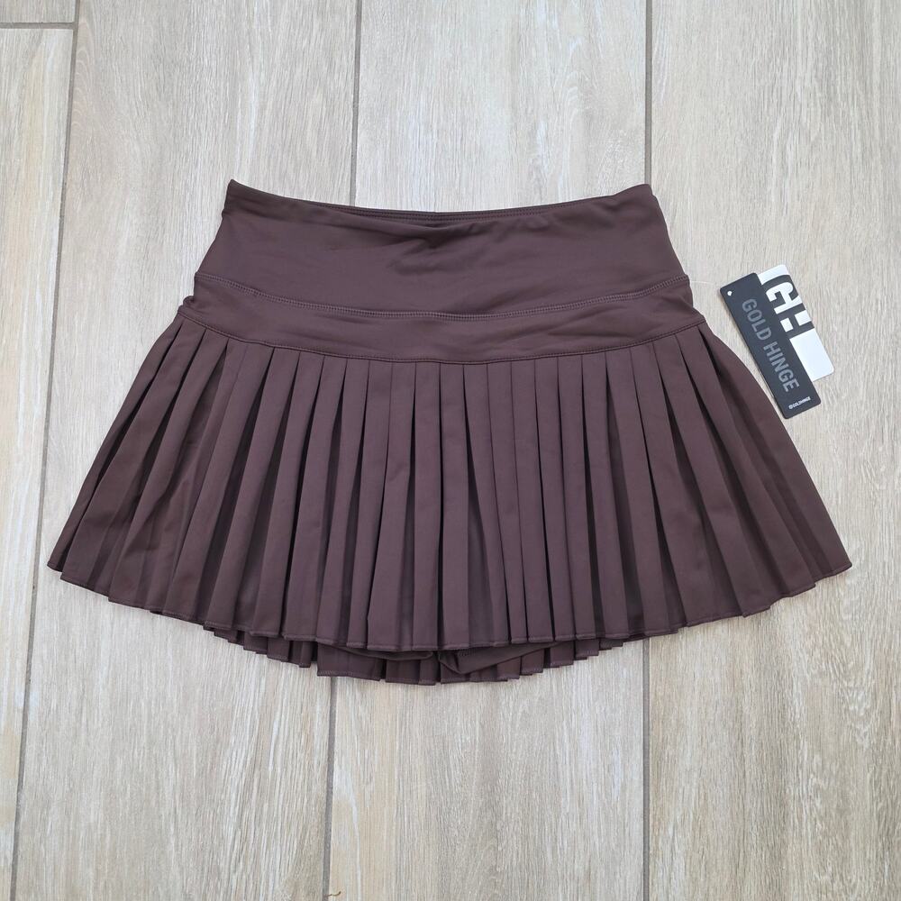 Gold Hinge Pleated Tennis Skirt Womens M Dark Brown High Rise Athletic Skort NWT